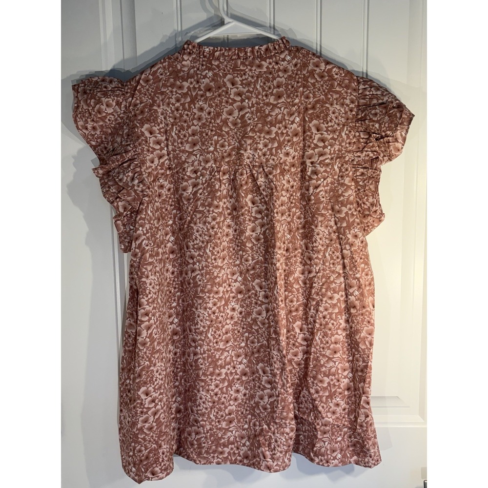 Women's 2X Blouse Pink Floral Ruffle Sleeve V-Neck Flowy Boho Top Plus Size - Picture 4 of 6
